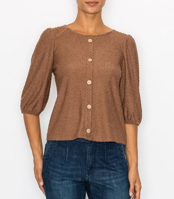 Cocoa Swiss Dot Button Down Top