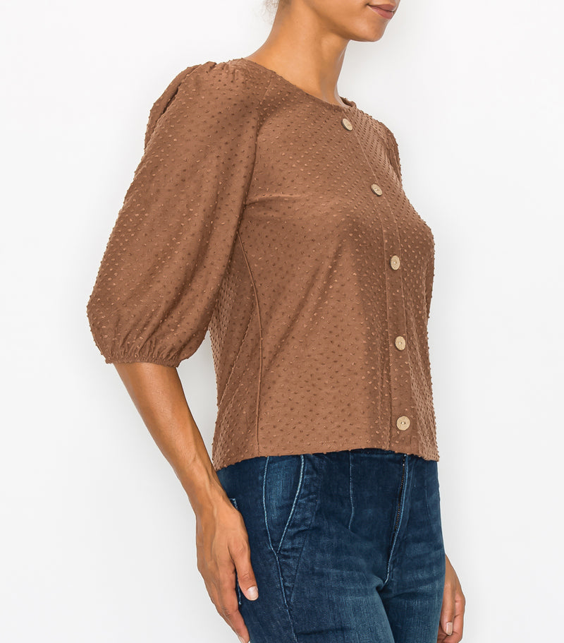 Cocoa Swiss Dot Button Down Top