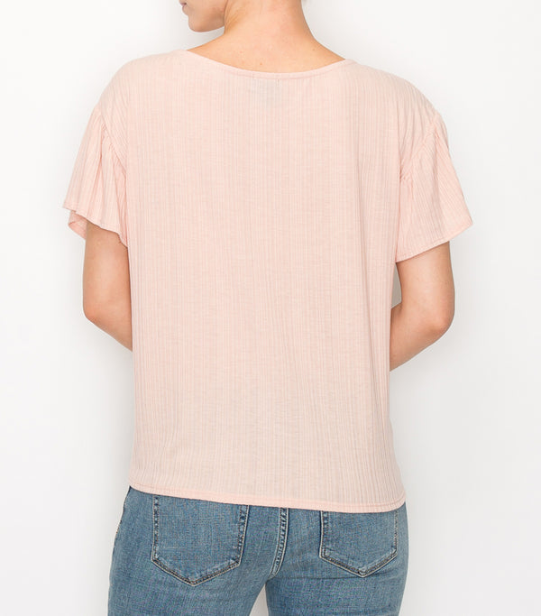 Rose Dust Rib Flare Drop Tie Front Top