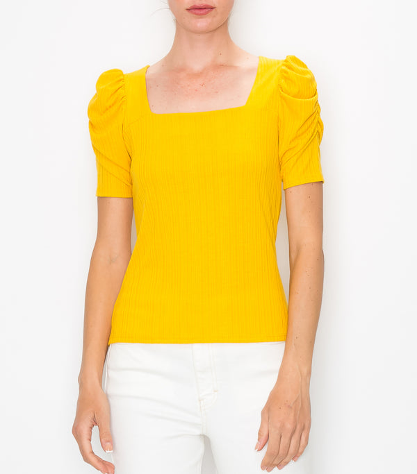 Mustard Rib Square Neck Ruched Top