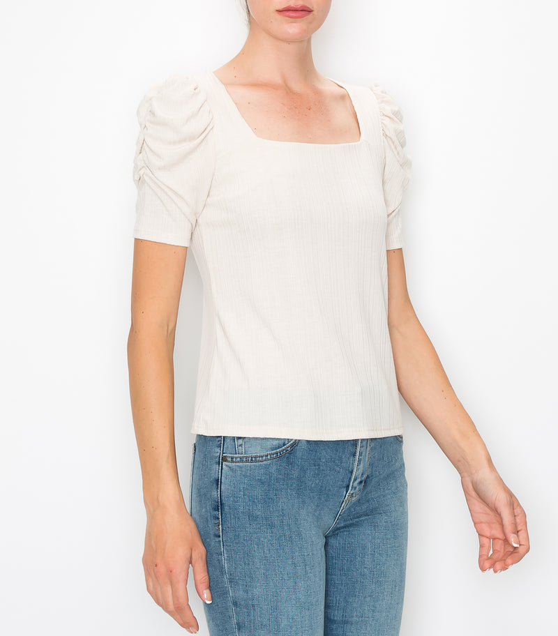 Gray Morn Rib Square Neck Ruched Top