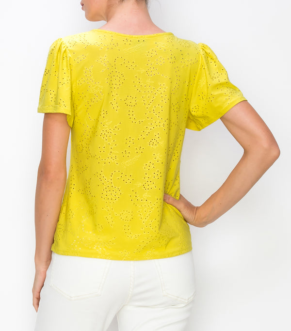 Bright Yellow Floral Eyelet Flutter Sleeve Top