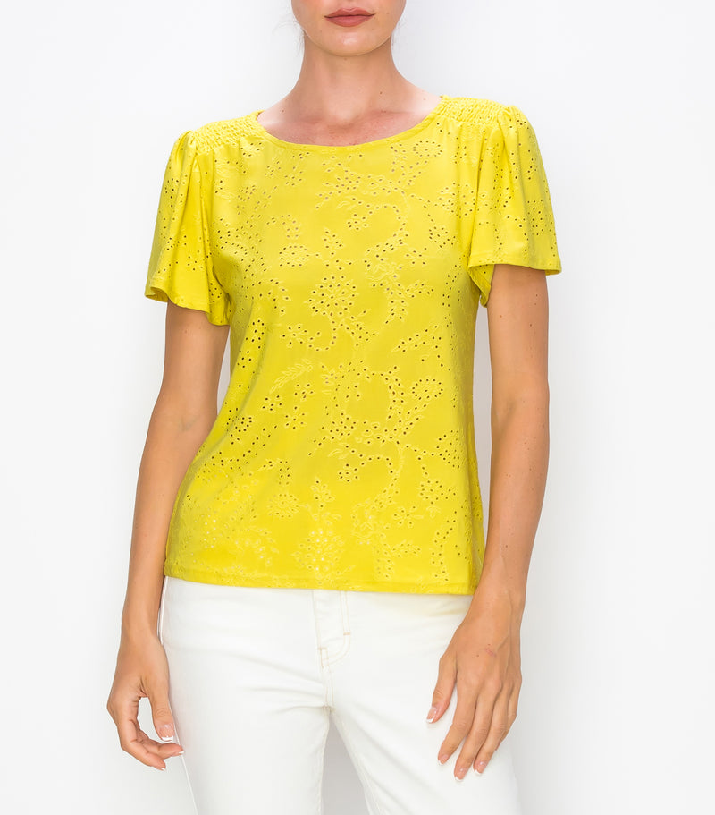 Bright Yellow Floral Eyelet Flutter Sleeve Top