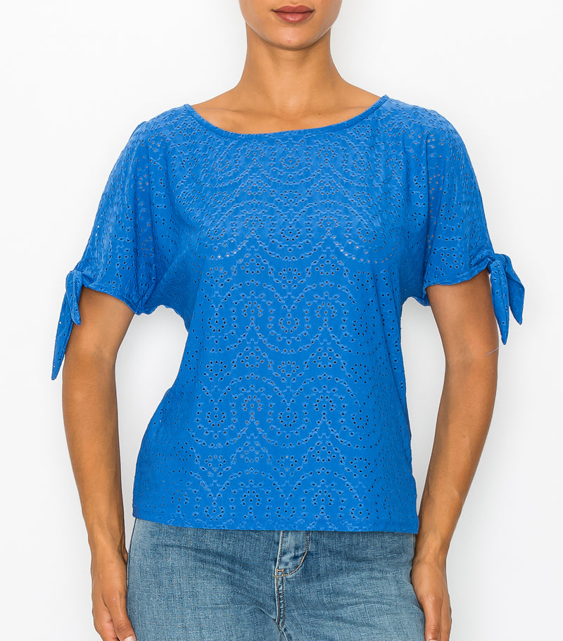 French Blue Moroccan Eyelet Slit Sleeve Tie Top