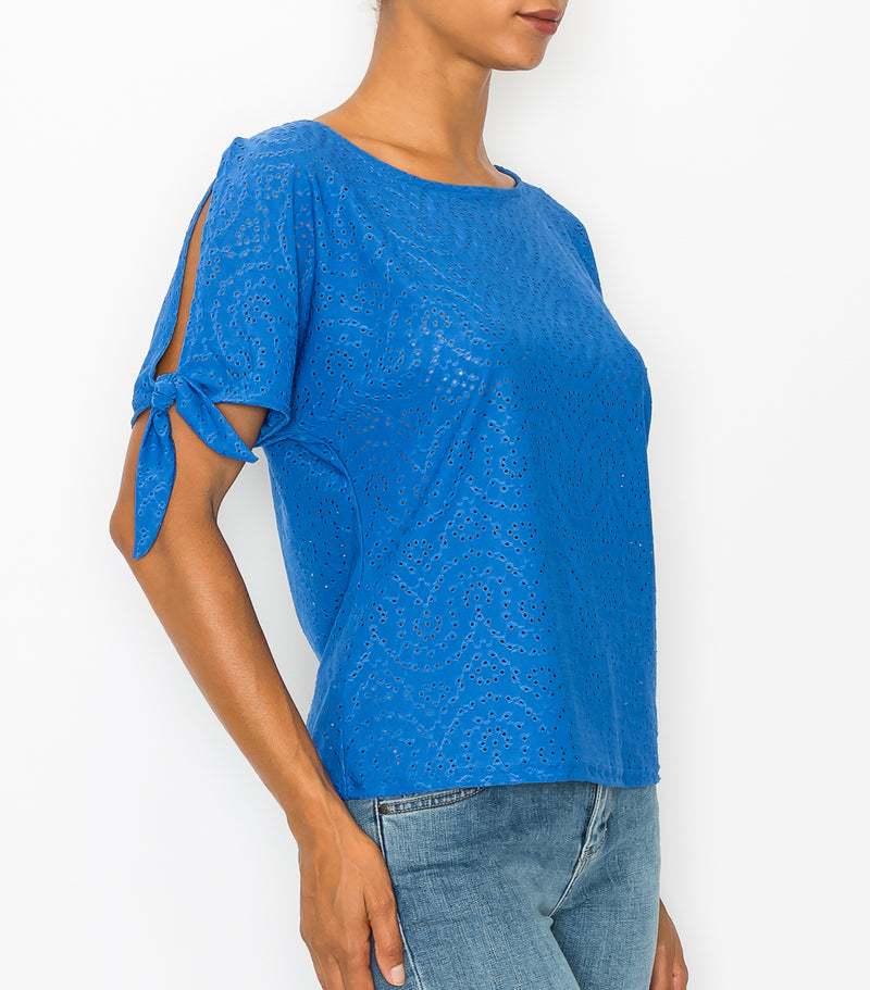 French Blue Moroccan Eyelet Slit Sleeve Tie Top