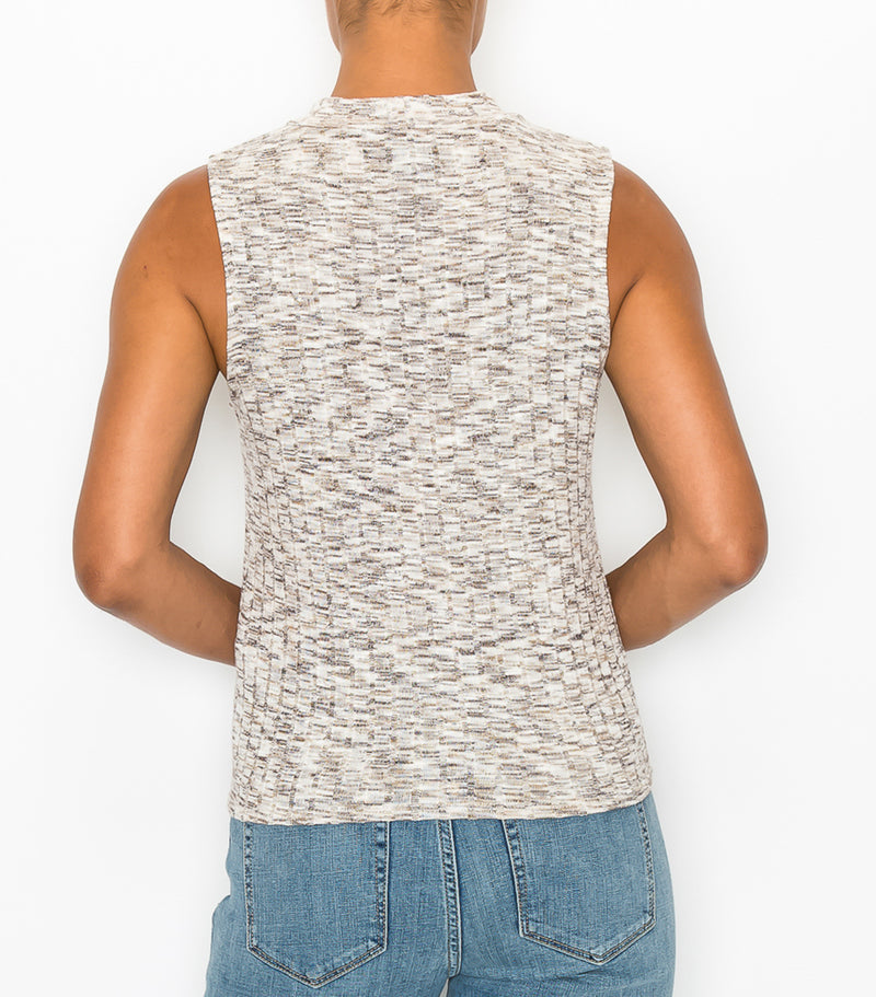 Brown Ivory Space Dye Sleeveless Tie Front Top
