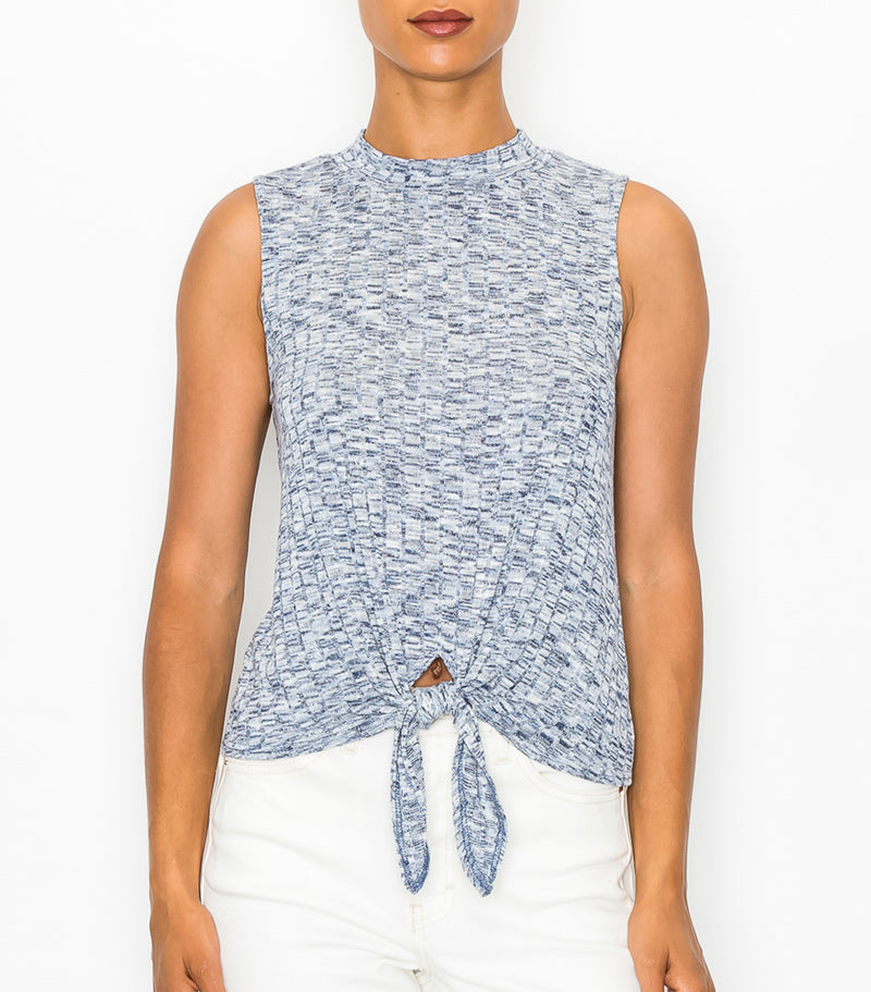 Blue Space Dye Sleeveless Tie Front Top