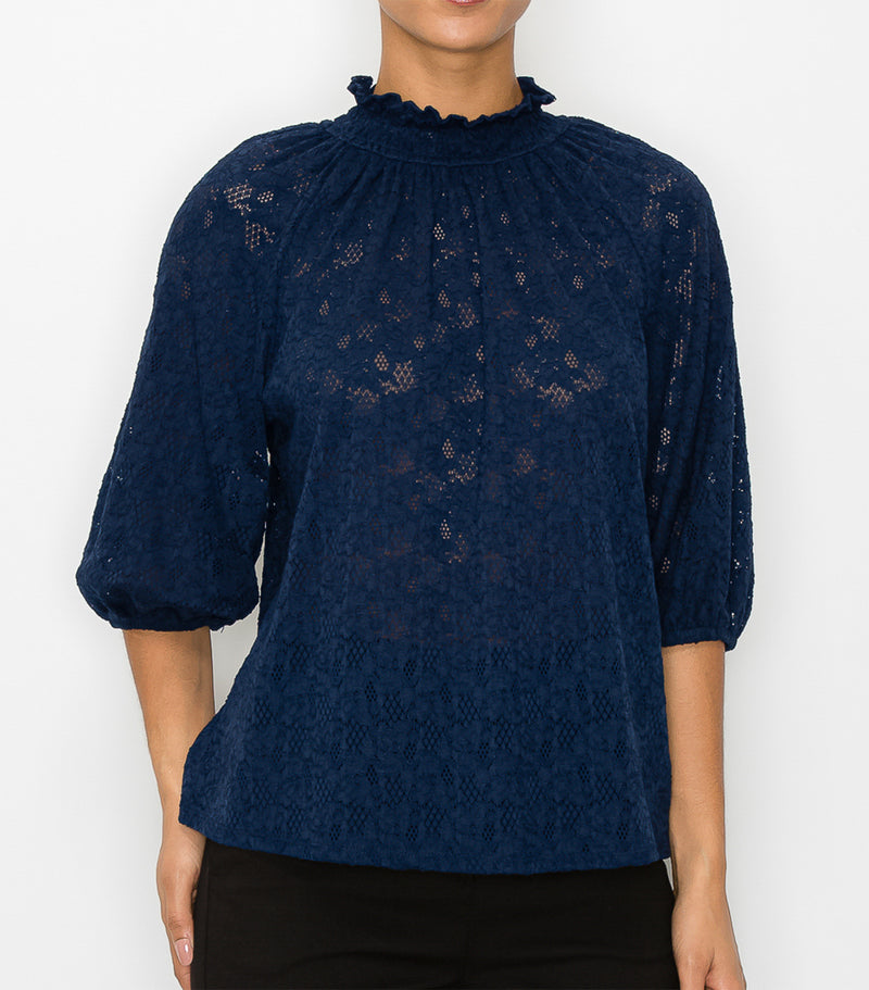 Navy Sheer Floral Lace Smocked Neck Top