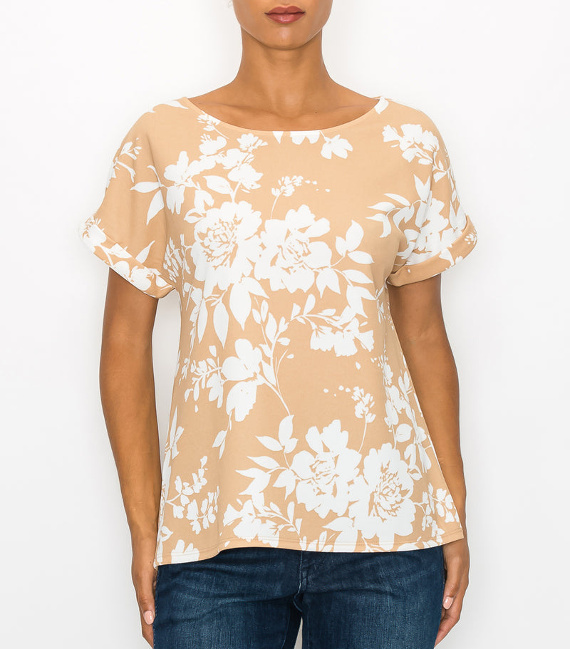 Taupe White Floral Dolman Roll-Cuff Top