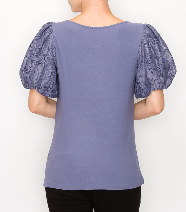 Light Denim Floral Lace Puff Sleeve Top