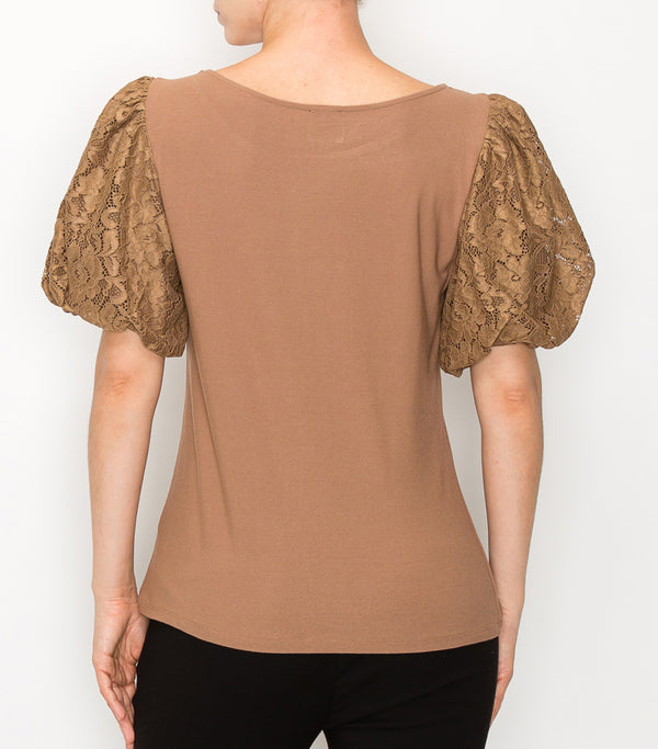 Mocha Floral Lace Puff Sleeve Top