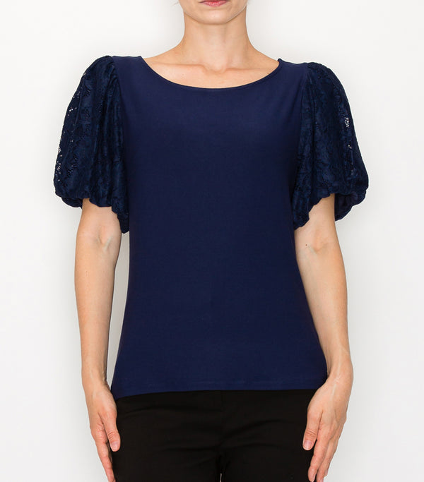 Navy Floral Lace Puff Sleeve Top
