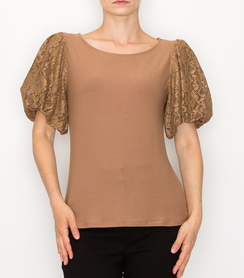 Mocha Floral Lace Puff Sleeve Top