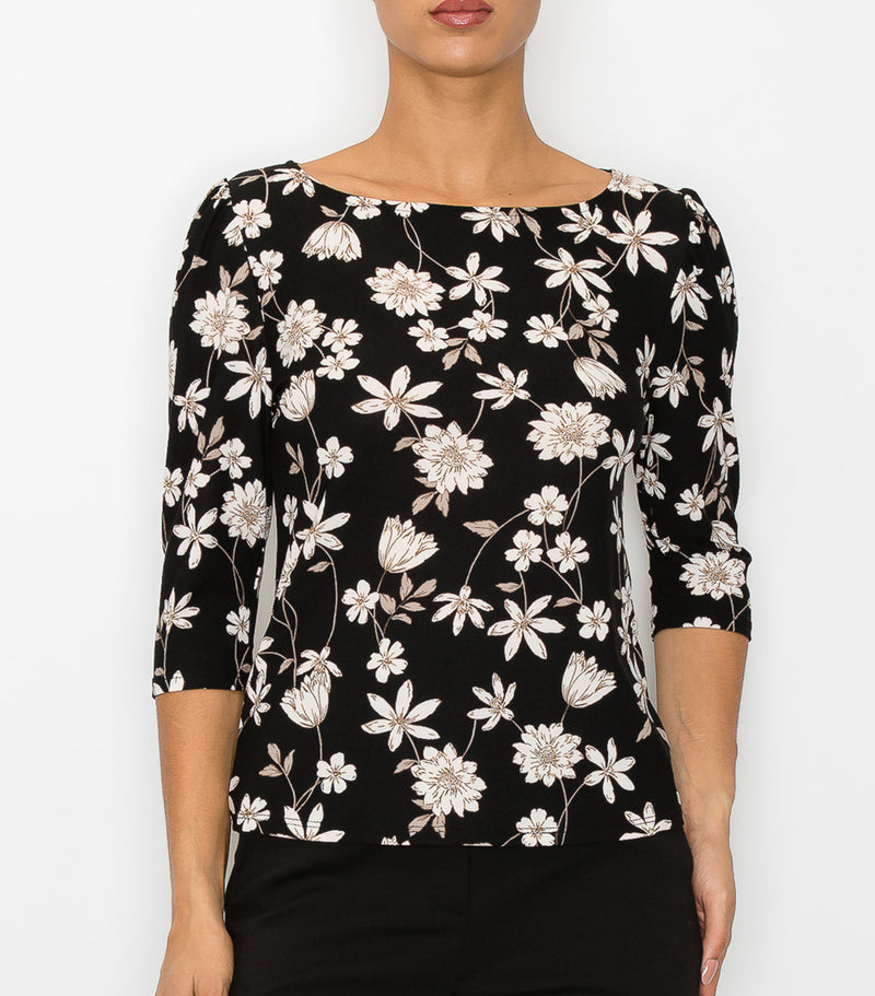 Black Floral 3/4 Sleeve Top