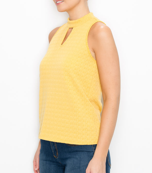 Mustard Textured Knit V-Neck Cut Out Top